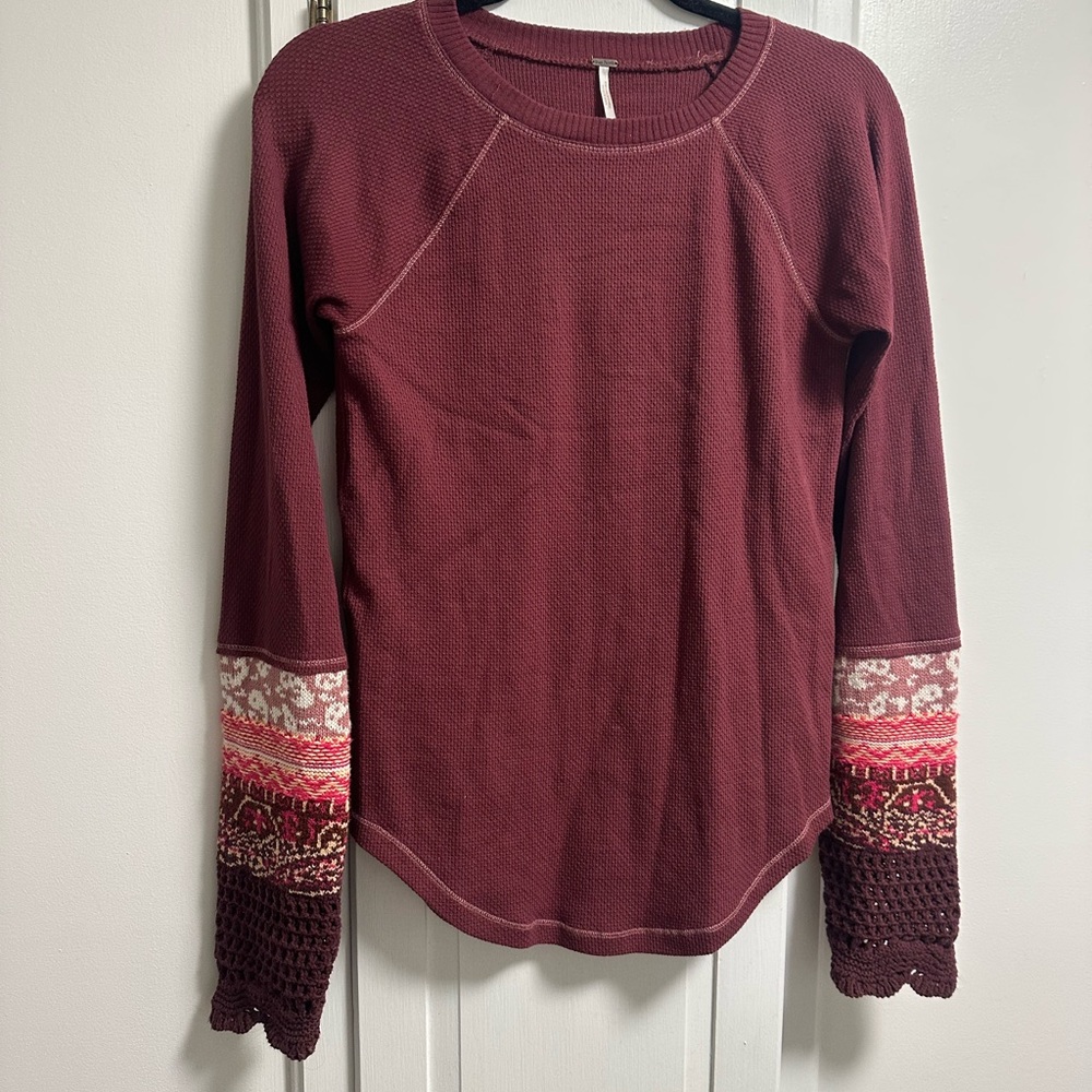 Free People Red and Pink Hoodie with Patterned Cuffs